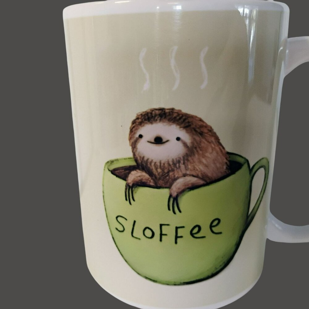 Sloth-Themed "Sloffee" Ceramic Mug By Society6, White With Green Cup Design - Picture 7 of 7